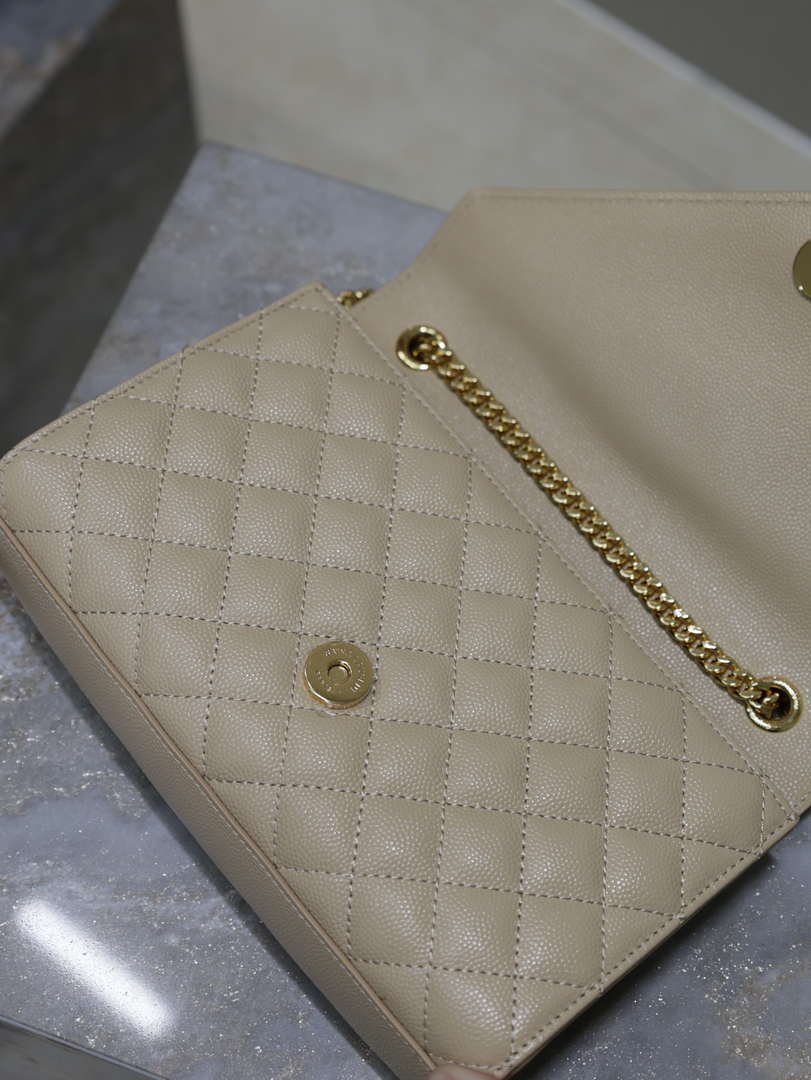 YSL 600195 Envelope Small In Quilted Grain De Poudre Embossed Leather Apricot
