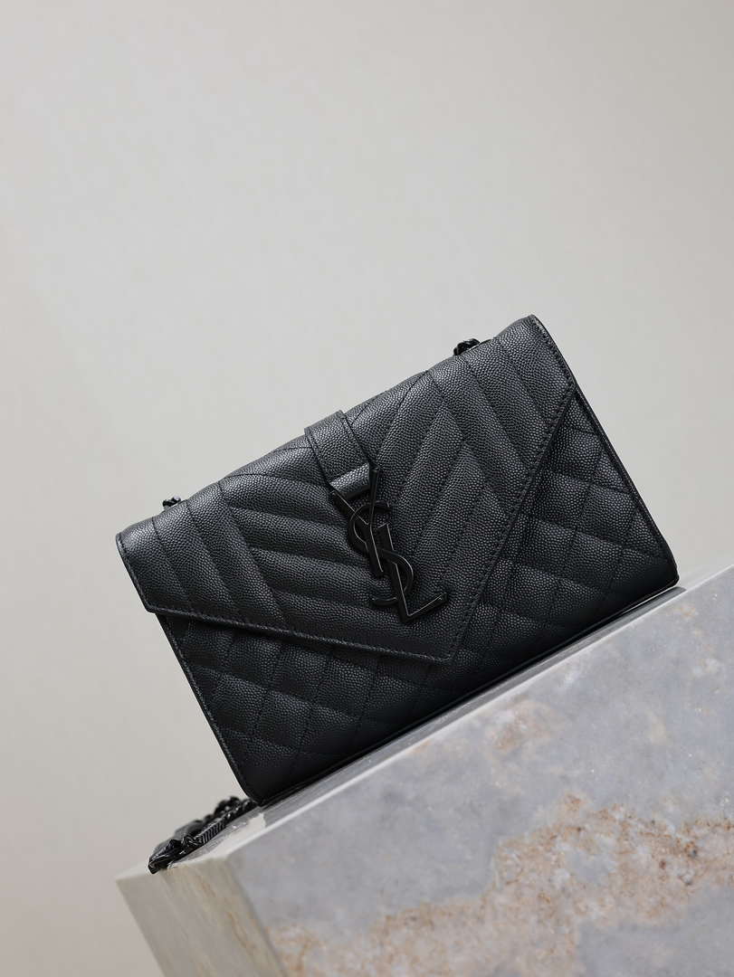 YSL 600195 Envelope Small In Quilted Grain De Poudre Embossed Leather Black with Black Hardware