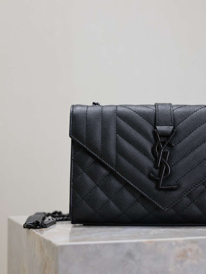 YSL 600195 Envelope Small In Quilted Grain De Poudre Embossed Leather Black with Black Hardware