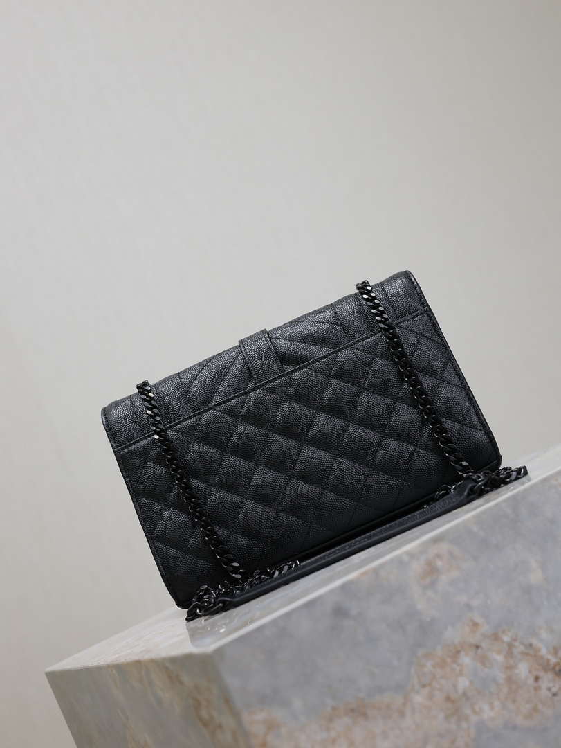 YSL 600195 Envelope Small In Quilted Grain De Poudre Embossed Leather Black with Black Hardware