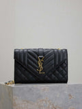 YSL 600195 Envelope Small In Quilted Grain De Poudre Embossed Leather Black Gold