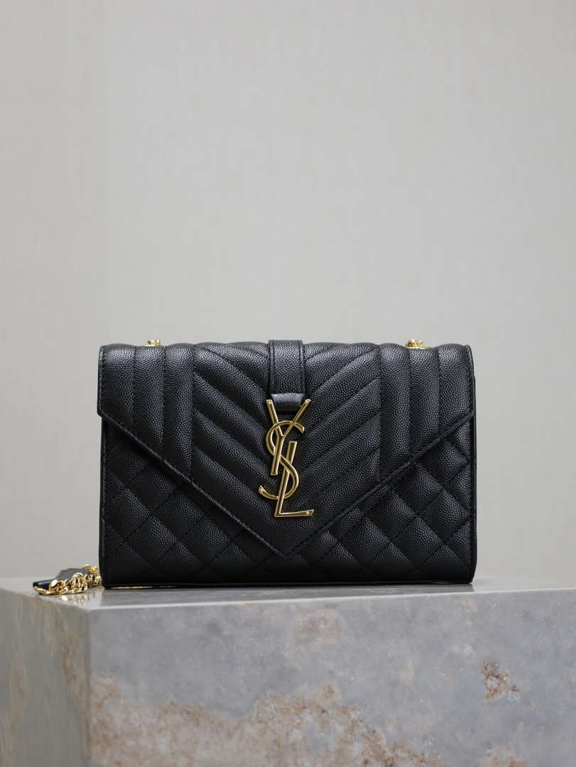 YSL 600195 Envelope Small In Quilted Grain De Poudre Embossed Leather Black Gold