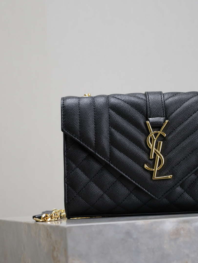 YSL 600195 Envelope Small In Quilted Grain De Poudre Embossed Leather Black Gold