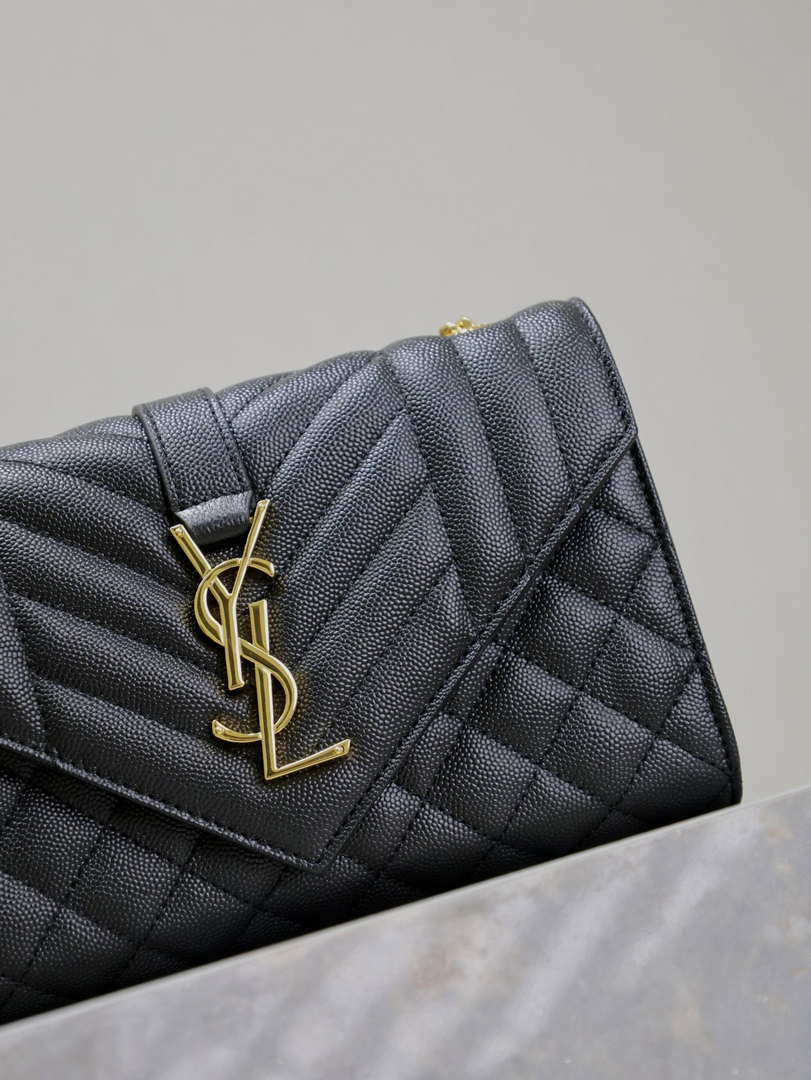 YSL 600195 Envelope Small In Quilted Grain De Poudre Embossed Leather Black Gold