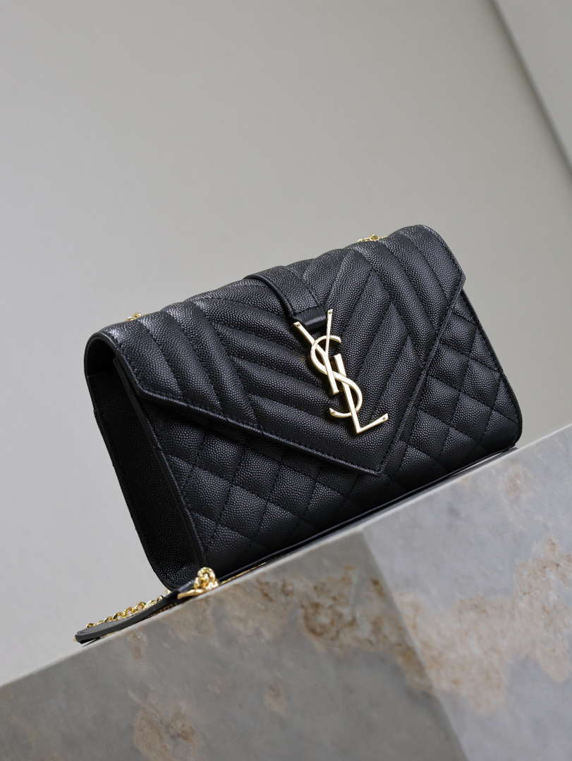 YSL 600195 Envelope Small In Quilted Grain De Poudre Embossed Leather Black Gold
