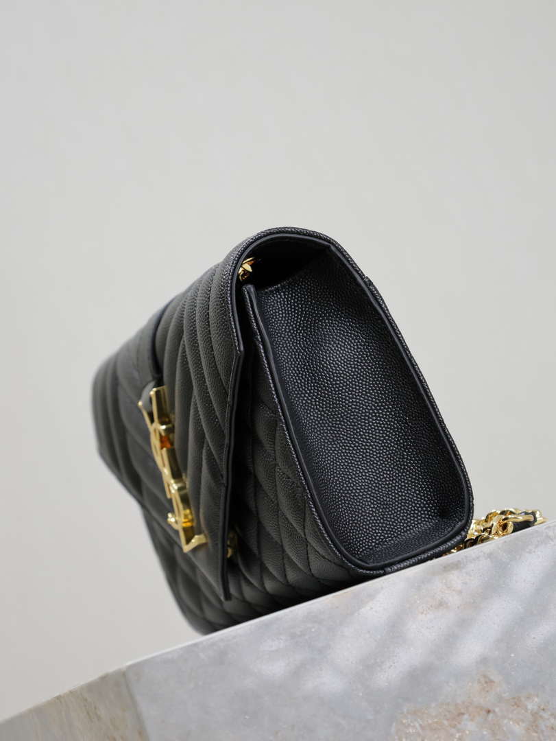 YSL 600195 Envelope Small In Quilted Grain De Poudre Embossed Leather Black Gold