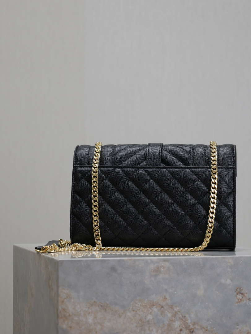 YSL 600195 Envelope Small In Quilted Grain De Poudre Embossed Leather Black Gold
