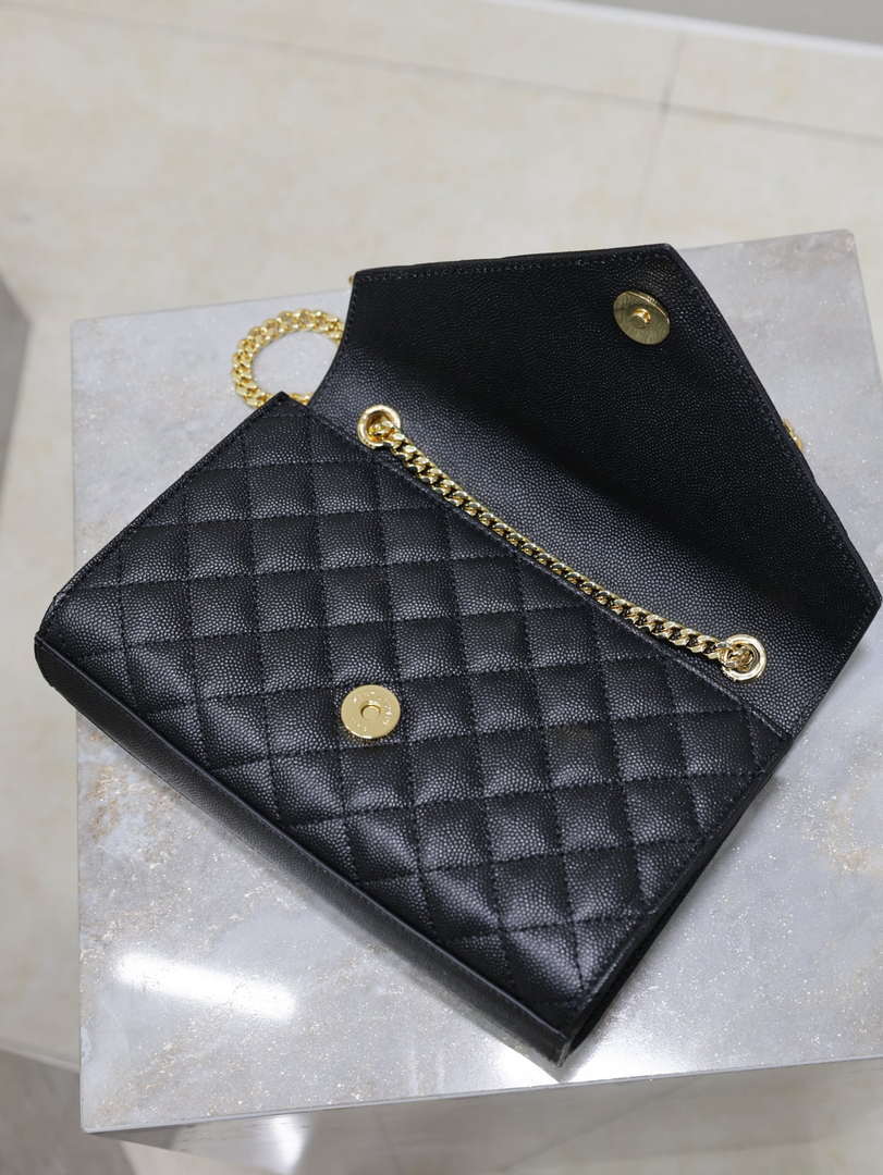 YSL 600195 Envelope Small In Quilted Grain De Poudre Embossed Leather Black Gold