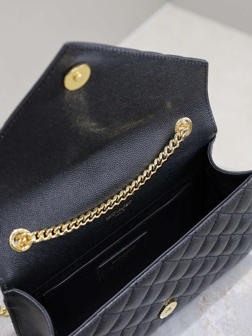 YSL 600195 Envelope Small In Quilted Grain De Poudre Embossed Leather Black Gold