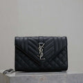 YSL 600195 Envelope Small In Quilted Grain De Poudre Embossed Leather Black with Silver Hardward - Default Title - View 1