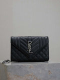YSL 600195 Envelope Small In Quilted Grain De Poudre Embossed Leather Black with Silver Hardward