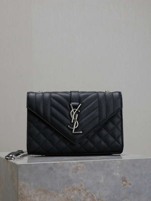 YSL 600195 Envelope Small In Quilted Grain De Poudre Embossed Leather Black with Silver Hardward - Default Title - View 1