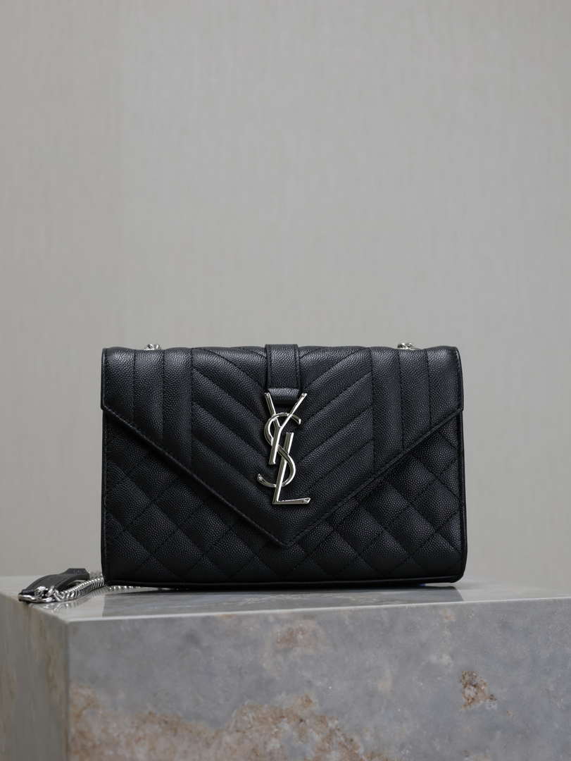 YSL 600195 Envelope Small In Quilted Grain De Poudre Embossed Leather Black with Silver Hardward - Default Title - View 1