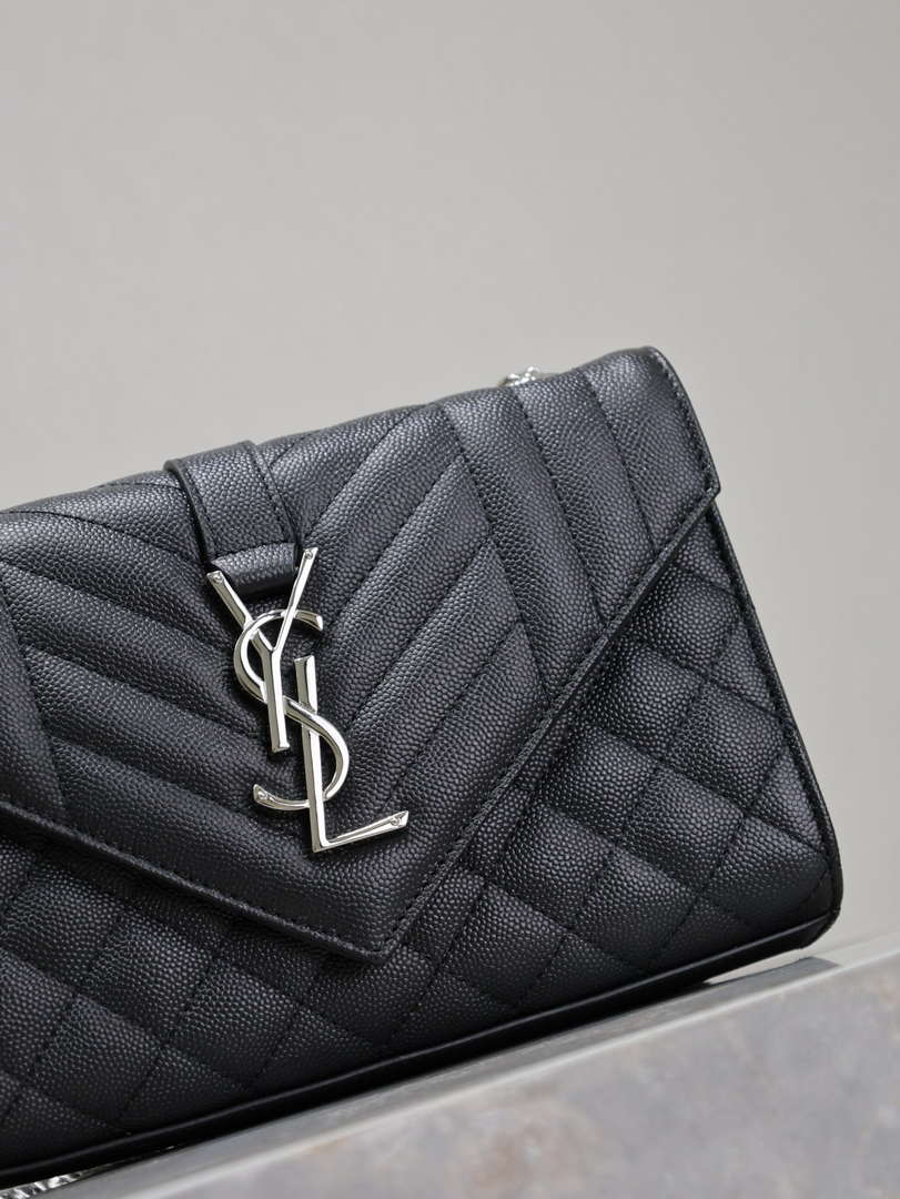 YSL 600195 Envelope Small In Quilted Grain De Poudre Embossed Leather Black with Silver Hardward