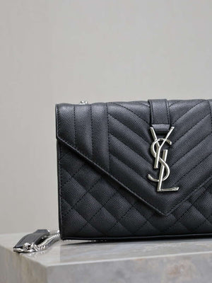 YSL 600195 Envelope Small In Quilted Grain De Poudre Embossed Leather Black with Silver Hardward - Default Title - View 3