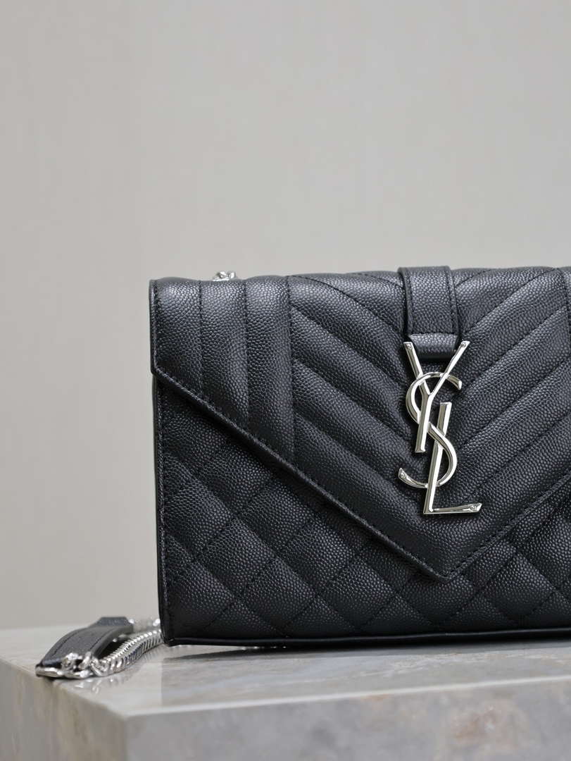 YSL 600195 Envelope Small In Quilted Grain De Poudre Embossed Leather Black with Silver Hardward