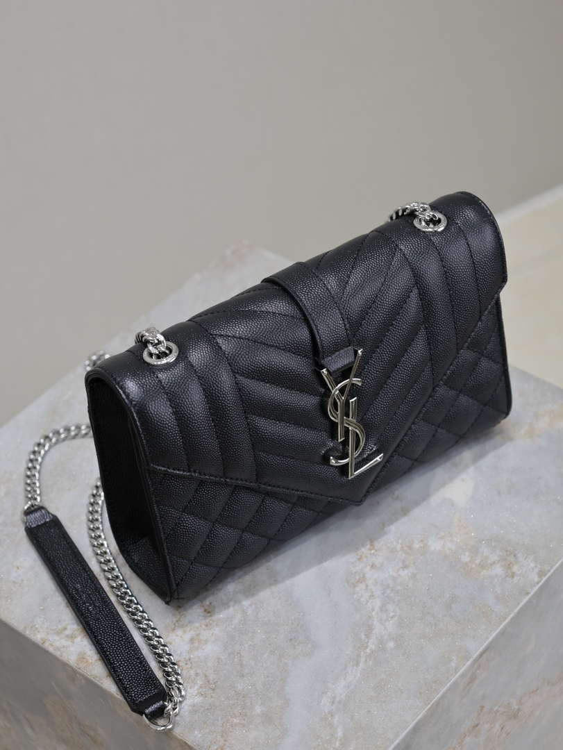 YSL 600195 Envelope Small In Quilted Grain De Poudre Embossed Leather Black with Silver Hardward