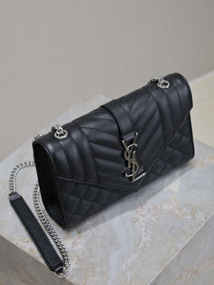 YSL 600195 Envelope Small In Quilted Grain De Poudre Embossed Leather Black with Silver Hardward - Default Title - View 4
