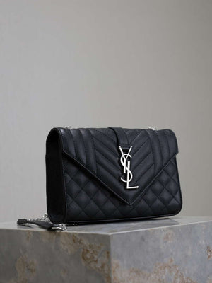 YSL 600195 Envelope Small In Quilted Grain De Poudre Embossed Leather Black with Silver Hardward - Default Title - View 5
