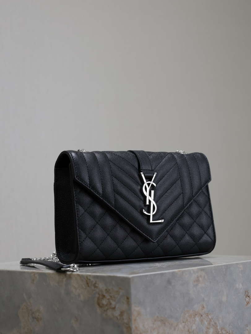 YSL 600195 Envelope Small In Quilted Grain De Poudre Embossed Leather Black with Silver Hardward