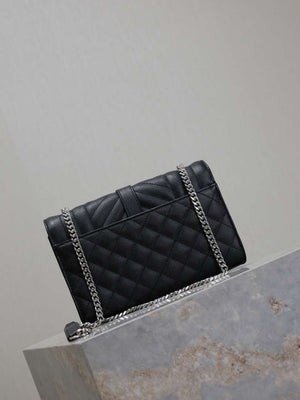 YSL 600195 Envelope Small In Quilted Grain De Poudre Embossed Leather Black with Silver Hardward - Default Title - View 6