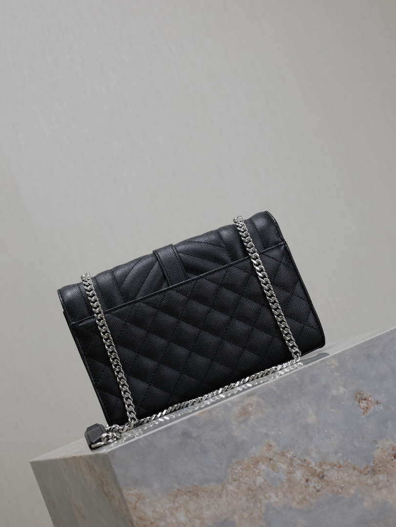 YSL 600195 Envelope Small In Quilted Grain De Poudre Embossed Leather Black with Silver Hardward