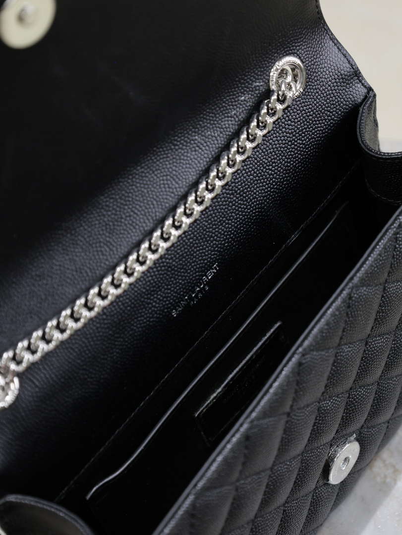 YSL 600195 Envelope Small In Quilted Grain De Poudre Embossed Leather Black with Silver Hardward