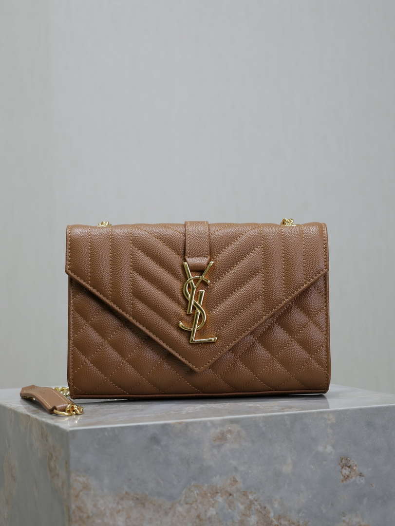 YSL 600195 Envelope Small In Quilted Grain De Poudre Embossed Leather Caramel - Default Title - View 1