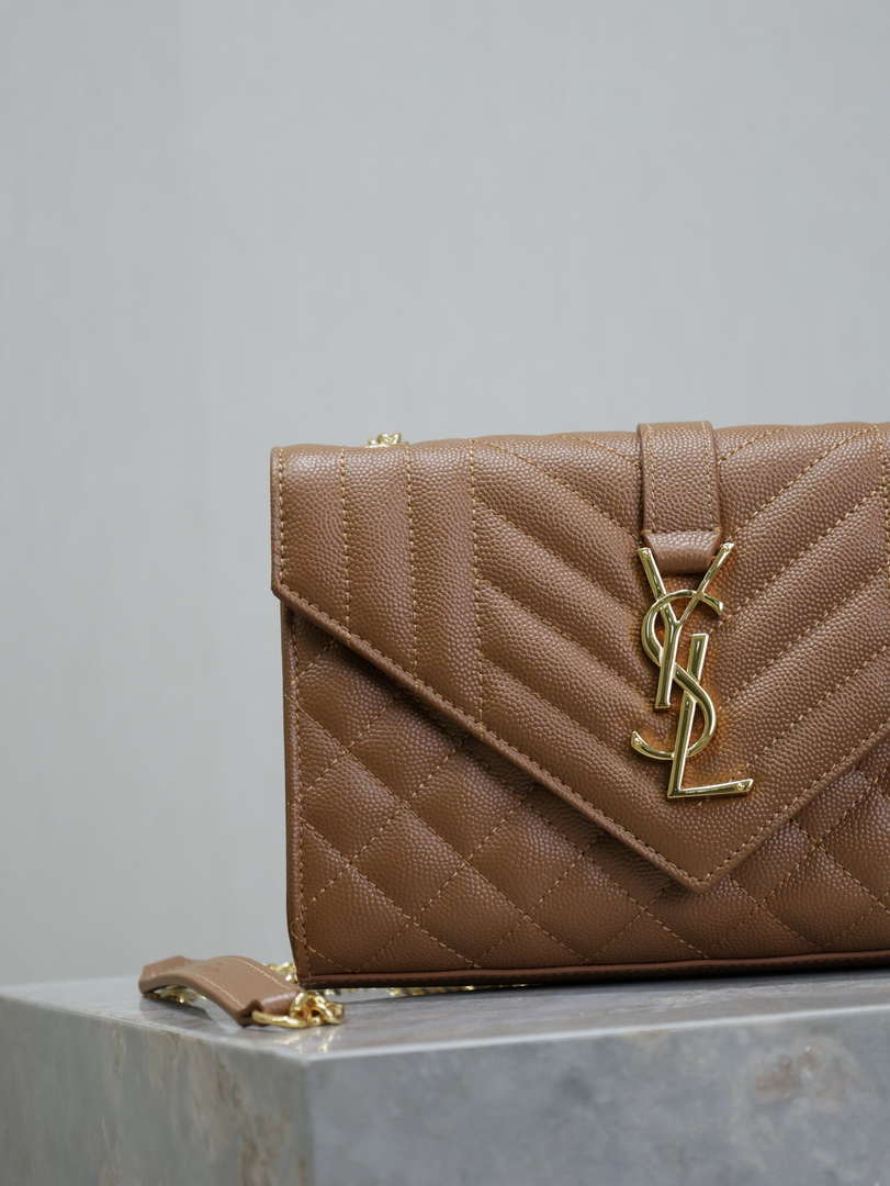 YSL 600195 Envelope Small In Quilted Grain De Poudre Embossed Leather Caramel