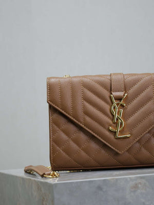 YSL 600195 Envelope Small In Quilted Grain De Poudre Embossed Leather Caramel - Default Title - View 2