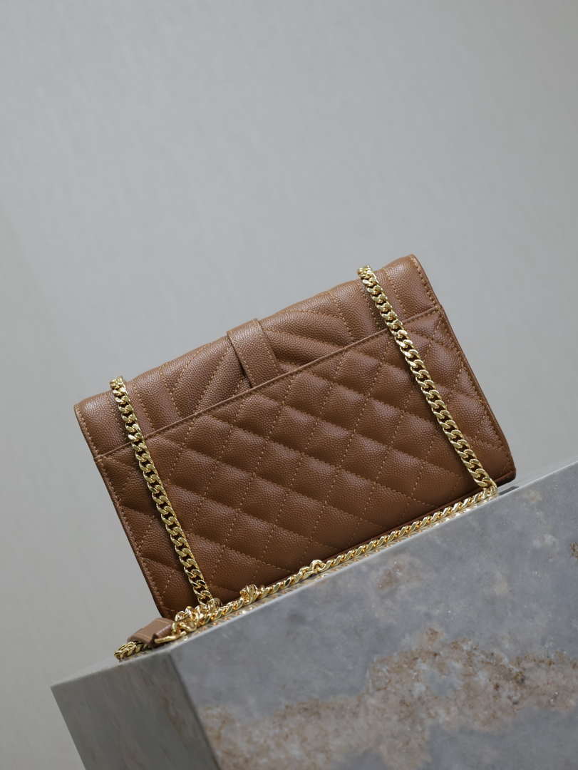 YSL 600195 Envelope Small In Quilted Grain De Poudre Embossed Leather Caramel