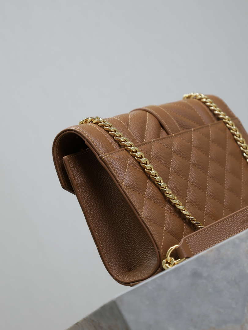YSL 600195 Envelope Small In Quilted Grain De Poudre Embossed Leather Caramel