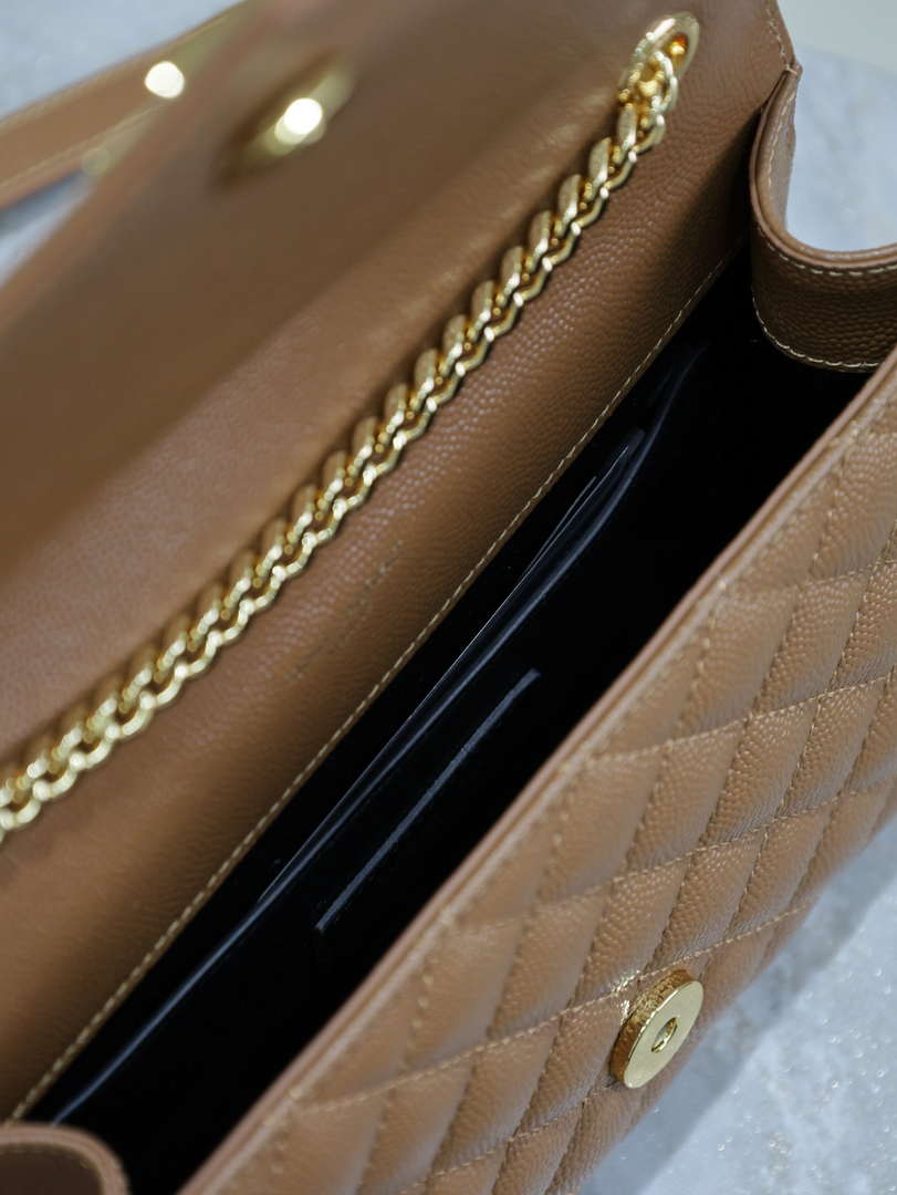 YSL 600195 Envelope Small In Quilted Grain De Poudre Embossed Leather Caramel