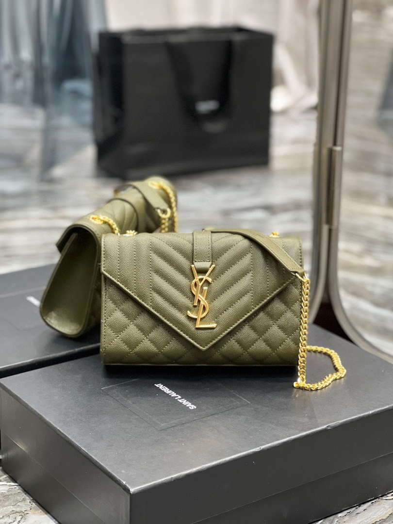 YSL 600195 Envelope Small In Quilted Grain De Poudre Embossed Leather Dark Green - Default Title - View 1