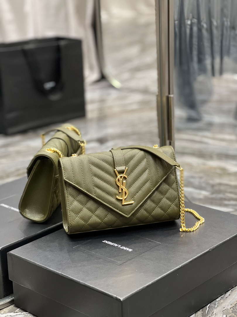 YSL 600195 Envelope Small In Quilted Grain De Poudre Embossed Leather Dark Green