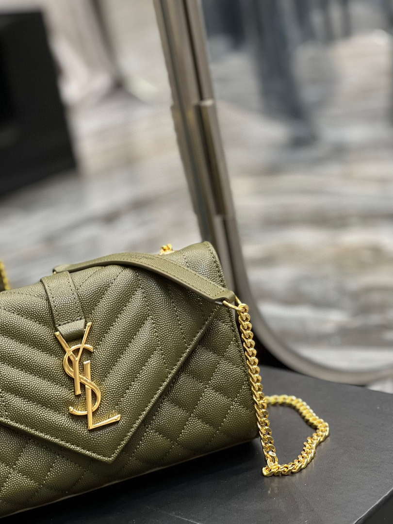 YSL 600195 Envelope Small In Quilted Grain De Poudre Embossed Leather Dark Green