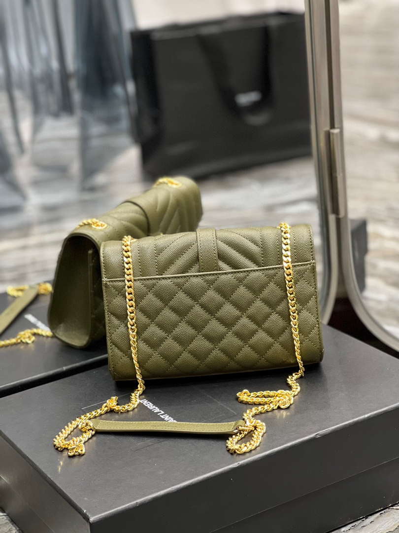 YSL 600195 Envelope Small In Quilted Grain De Poudre Embossed Leather Dark Green