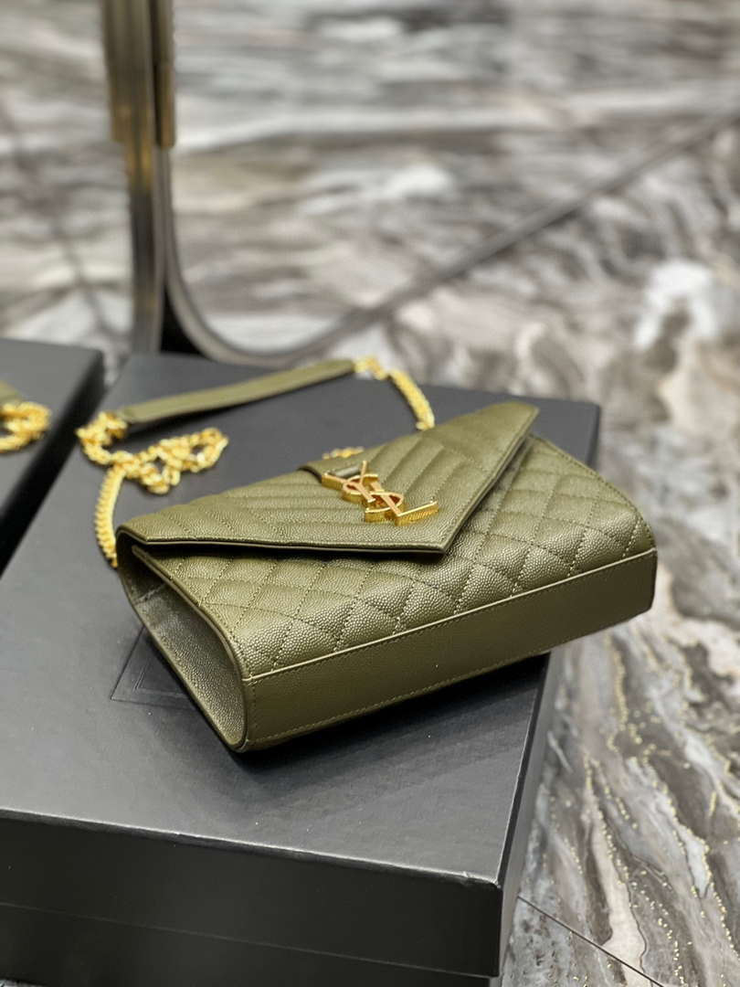 YSL 600195 Envelope Small In Quilted Grain De Poudre Embossed Leather Dark Green
