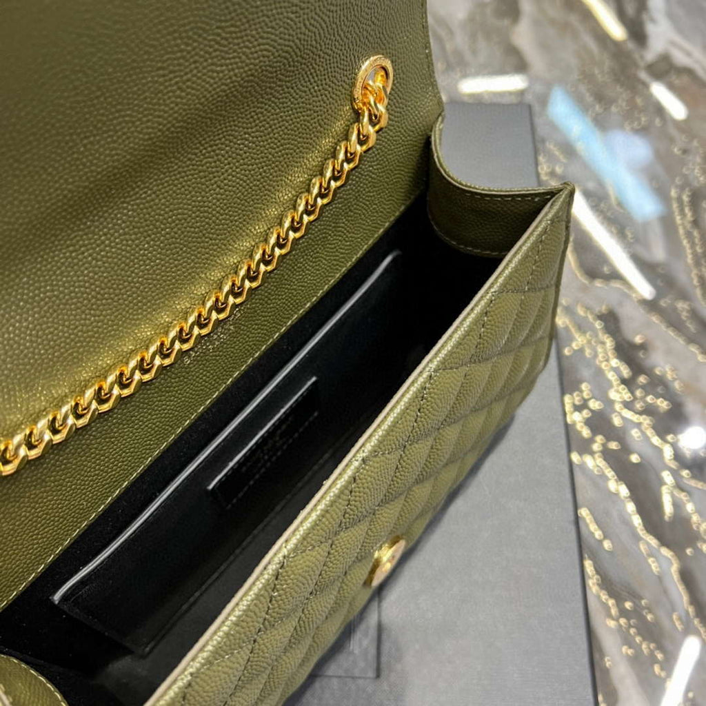 YSL 600195 Envelope Small In Quilted Grain De Poudre Embossed Leather Dark Green