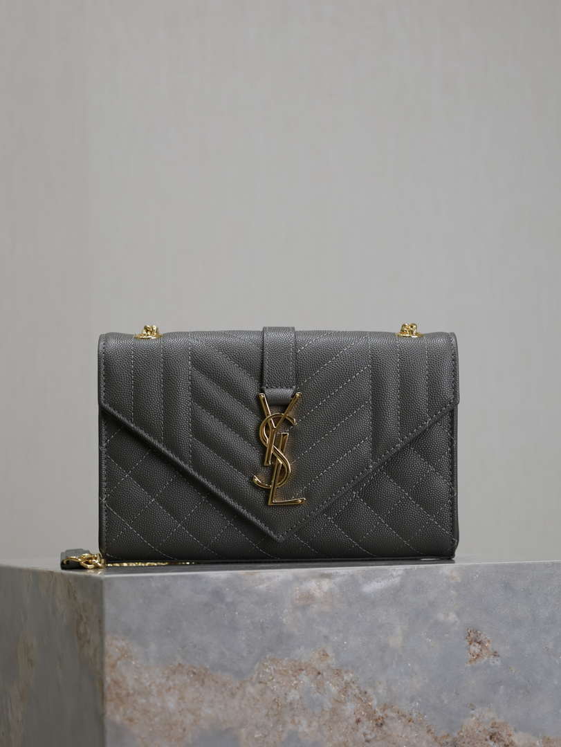 YSL 600195 Envelope Small In Quilted Grain De Poudre Embossed Leather Gray