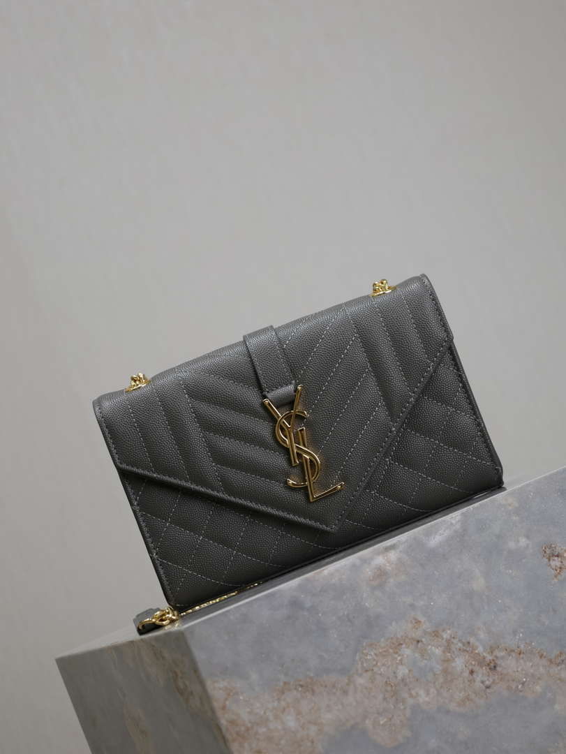 YSL 600195 Envelope Small In Quilted Grain De Poudre Embossed Leather Gray