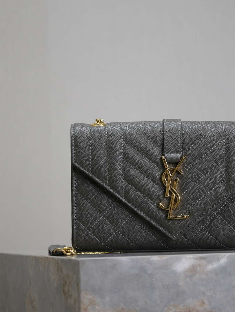 YSL 600195 Envelope Small In Quilted Grain De Poudre Embossed Leather Gray