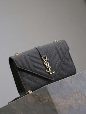 YSL 600195 Envelope Small In Quilted Grain De Poudre Embossed Leather Gray - Default Title - View 5