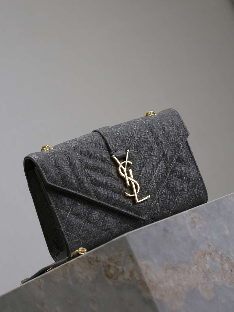 YSL 600195 Envelope Small In Quilted Grain De Poudre Embossed Leather Gray