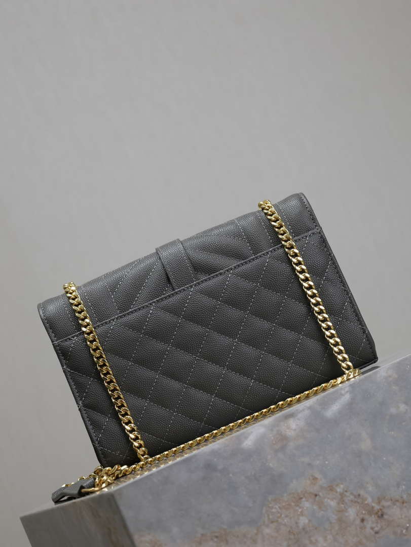 YSL 600195 Envelope Small In Quilted Grain De Poudre Embossed Leather Gray