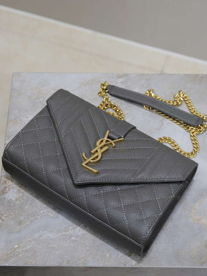 YSL 600195 Envelope Small In Quilted Grain De Poudre Embossed Leather Gray - Default Title - View 7