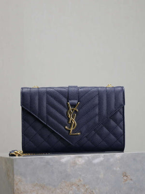 YSL 600195 Envelope Small In Quilted Grain De Poudre Embossed Leather Navy Blue - Default Title - View 1