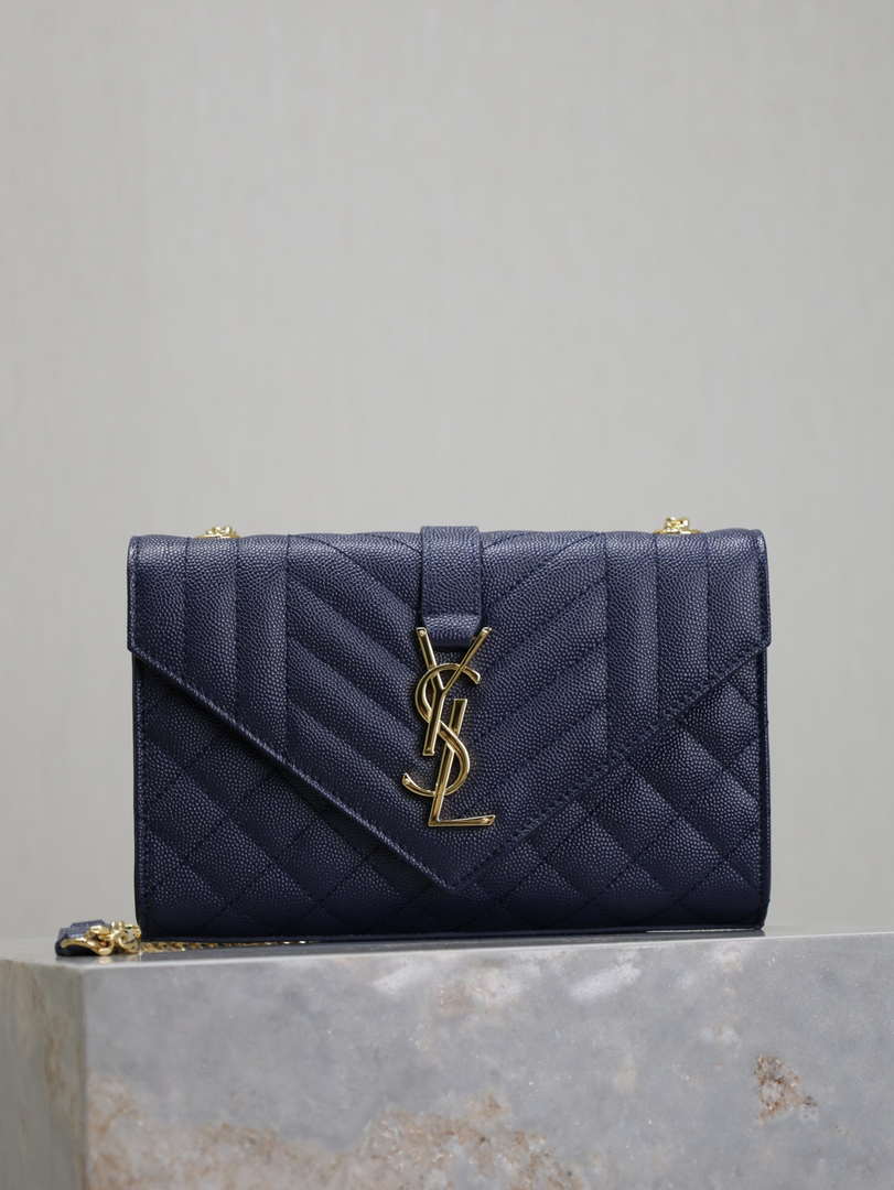 YSL 600195 Envelope Small In Quilted Grain De Poudre Embossed Leather Navy Blue