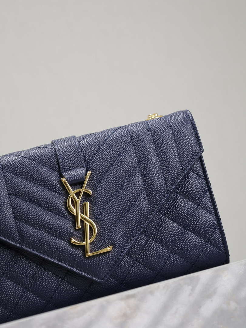 YSL 600195 Envelope Small In Quilted Grain De Poudre Embossed Leather Navy Blue