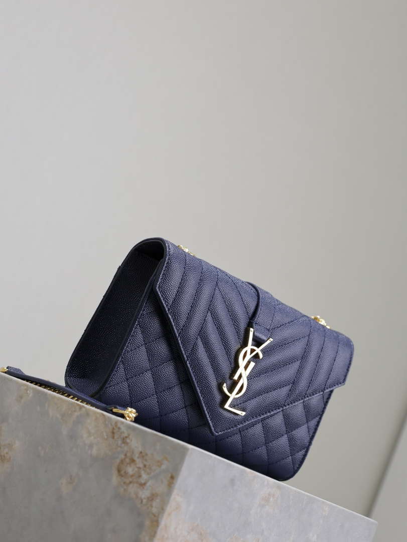 YSL 600195 Envelope Small In Quilted Grain De Poudre Embossed Leather Navy Blue